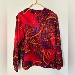 Vintage Laura Jayne Collection Red Abstract Retro Animal Print Blouse Women’s 8